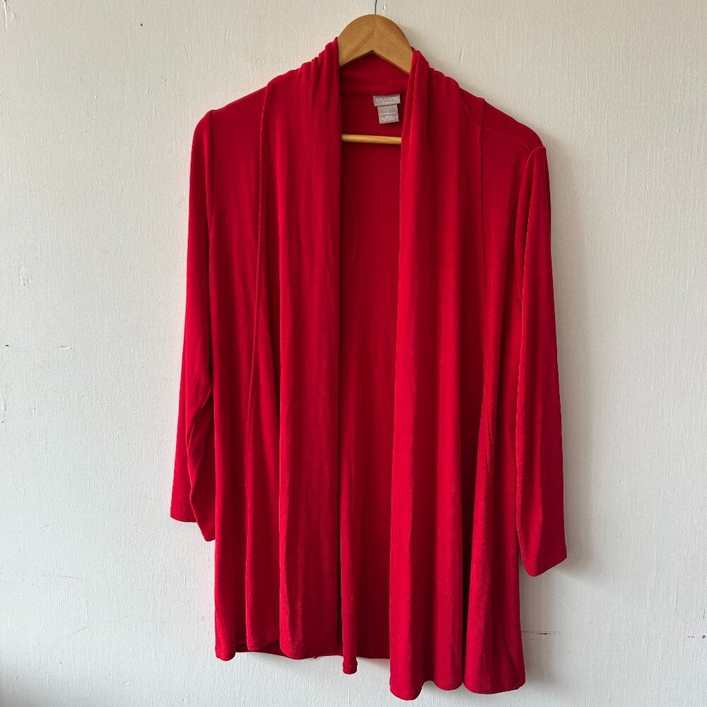 Chicos Travelers Slinky Knit Cardigan Womens 8 Red Open Front Travel Statement